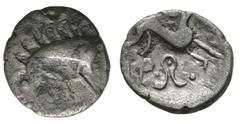 Celtic Iron Age Coins - Iceni - Silver Boar Phallic Unit 50-5 BC. Obv: boar right with spear before and pellets above. Rev: horse right with pellets and cross-in-annulet above and phallic symbol with 