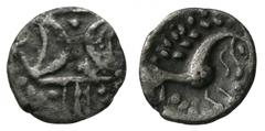 Celtic Coins - Iceni - Silver Ecen Corn Ear Unit 10-43 AD. Obv: double crescent on vertical wreath. Rev: horse right with corn-ear mane with S below head, pelletted sun above and three pellets and ECE