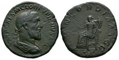 Imperial Coins - Pupienus - Concordia Sestertius 238 AD. Rome mint. Obv: IMP CAES M CLOD PVPIENVS AVG legend with laureate, draped and cuirassed bust right, seen from the back. Rev: CONCORDIA AVGG leg
