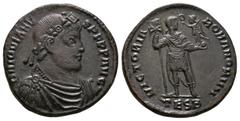 Imperial Coins - Jovian - Emperor Standing Follis 363-364 AD. Thessalonica mint. Obv: DN IOVIANVS PF PP AVG legend with laurel and rosette-diademed, draped and cuirassed bust right. Rev: VICTORIAE ROM