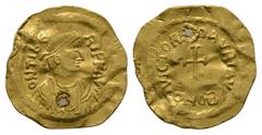 Byzantine Coins - Maurice Tiberius - Gold Tremissis 582-602 AD. Constantinople mint. Obv: dN TibER PP AV legend with pearl-diademed, draped, cuirassed bust right. Rev: VICTOR MAVRI AVG legend with cro