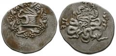 Greek Coins-Pergamum - Cistophoric Tetradrachm 76-67 BC. Obv: cista mystica, half-opened with a serpent emerging from it, surrounded by a wreath of ivy and vine leaves. Rev: two serpents entwined arou
