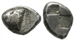 Ancient Greek Coins-Sinope - Eagle's Head Drachm 490-425 BC. Obv: eagle's head left, (dolphin below, off flan"). Rev: granulated bipartite incuse, each square containing a dot. Dewing 2127; SNG BM Bla