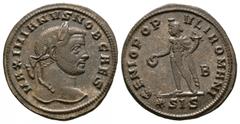 Imperial Coins - Galerius Maximian - Genius Follis 295 AD. Siscia mint. Obv: MAXIMIANVS NOB CAES legend with laureate head right (small head type"). Rev: GENIO POP-VLI ROMANI legend with Genius standi