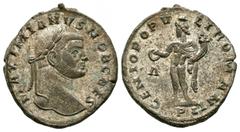 Imperial Coins - Galerius Maximian - Genius Follis 298 AD. Lyons mint. Obv: MAXIMIANVS NOB CAES legend with laureate head right. Rev: GENIO POPV-LI ROMANI legend with Genius standing left, modius on h