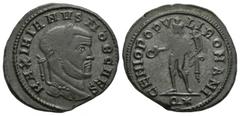 Imperial Coins - Galerius Maximian - Genius Follis 299 AD. Rome mint. Obv: MAXIMIANVS NOB CAES legend with laureate head right. Rev: GENIO POPV-LI ROMANI legend with Genius standing left, modius on he