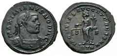 Imperial Coins - Galerius Maximian - Moneta Follis 302-303 AD. Trier mint. Obv: MAXIMIANVS NOBIL C legend with laureate, cuirassed bust right. Rev: MONETA S AVGG ET CAESS NN legend with Moneta standin