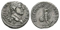 Roman Imperial Coins - Vitellius - Victory Denarius 69 AD. Lyons mint, Obv: A VITELLIVS IMP GERMAN legend with laureate head right, globe at point. Rev: VICTORIA AVGVSTI legend with Victory walking le