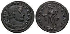 Constantius I - Genius Large Follis 302-303 AD. Trier mint. Obv: CONSTANTIVS NOB C legend with laureate and cuirassed bust right. Rev: GENIO POPV-LI ROMANI legend with Genius standing left, tower on h