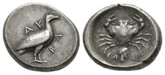 Sicily - Akragas - Crab Didrachm. 480-450 BC. Obv: AK-RA above and beneath sea-eagle standing right. Rev: crab with CA-S to left and right of youthful, archaic male head right below. BMC 36; SNG ANS 9
