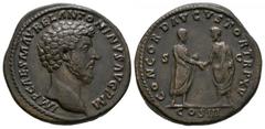 Marcus Aurelius - Emperor and L Verus Sestertius. 161 AD. Rome mint. Obv: IMP CAES M AVREL ANTONINVS AVG P M, bare head right. Rev: CONCORD AVGVSTOR TR P XV S-C, COS III below, Marcus Aurelius and Luc