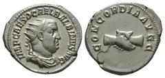 Balbinus - Clasped Hands Antoninianus. April-July 238 AD. Rome mint. Obv: IMP CAES D CALE BALBINVS AVG legend with radiate, draped and cuirassed bust right. Rev: CONCORDIA AVGG legend with clasped rig