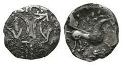 Celtic Iron Age Coins - Iceni - Unit. 10-43 AD. Obv: double crescent emblem on vertical wreath. Rev: hrose right with [EDN?] below. S. 444; BMC 4223-4281; ABC 1672. 1.19 grams. . [No Reserve] Fine.