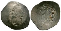 Manuel I - Mary and Emperor Billon Aspron. 1143-1180 AD. Constantinople mint. Obv: MP-theta V to left and right with Mary, nimbate, seated, holding before her the nimbate head of infant Christ facing 