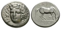 Coins - Greek Very fine. Ancient Greek Coins - Thessaly - Larissa - Horse Grazing Drachm 400-334 BC. Obv: head of nymph Larissa, three-quarters facing to left. Rev: LARIS above, AIWN beneath horse gra