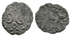 Coins - Celtic Iron Age Good fine. Rare. Celtic Iron Age Coins - Iceni - Double Crescent Unit 1st century AD. Obv: double crescent on wreath with annulets. Rev: horse right with six-spoked wheel above
