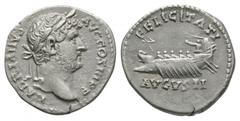 Coins - Roman Imperial Good very fine. Ancient Roman Imperial Coins - Hadrian - Galley Denarius 132 AD. Rome mint. Obv: HADRIANVS AVG COS III P P legend with laureate bust right. Rev: FELICITAS AVGVST