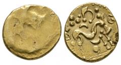 Coins - Celtic Iron Age Celtic Iron Age Coins - Gallo-Belgic - Ambiani - Gold Stater. 1st century BC. Sills type 1b. Obv: plain. Rev: Celtic horse right with 'eye' behind and before, 'wishbone' and pe