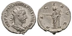 Coins - Roman Imperial Ancient Roman Imperial Coins - Aemelian - Pax Antoninianus. July-October 253 AD. Rome mint. Obv: IMP AEMILIANVS PIVS FEL AVG legend with radiate and draped bust right. Rev: PACI