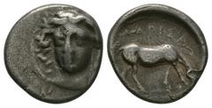 Coins - Greek Ancient Greek Coins - Thessaly - Larissa - Horse Drachm. 350-325 BC. Obv: head of Larissa facing three-quarters to left, wearing ampyx, pendant earring and necklace. Rev: LARISA legend a