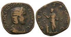 Coins - Roman Imperial Ancient Roman Imperial Coins - Otacilia Severa - Pietas Sestertius. 245 AD. Wife of Philip I, Rome mint. Obv: MARCIA OTACIL SEVERA AVG legend with draped bust right. Rev: PIETAS