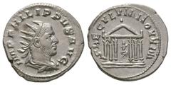 Coins - Roman Imperial Ancient Roman Imperial Coins - Philip I - Temple Antoninianus. 248 AD. Rome mint. Obv: IMP PHILIPPVS AVG legend with radiate and draped bust right. Rev: SEACVLVM NOVVM legend wi