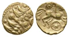 Coins - Celtic Iron Age Celtic Iron Age Coins - Essex Chariot Wheel - Gold Quarter Stater. 1st century BC-1st century AD. Obv: wreath, cloak and crescents, seven-spoked wheel at top of flan. Rev: trip