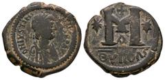 Coins - Byzantine Ancient Byzantine Coins - Justinian I - Large M Follis. 527-563 AD. Antioch mint. Obv: D N IVSTINIANVS PP AV legend with diademed, draped and cuirassed bust right. Rev: large M with 