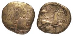 Coins - Celtic Iron Age Celtic Iron Age Coins - Gaul - Lemovices - Gold Half Stater. 130-60 BC. Class I/II. Obv: profile bust right. Rev: horse right with curled protruding tongue, crane/heron and pel