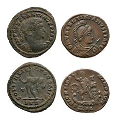 Coins - Roman Imperial Roman Imperial Coins - Constantine I and Valentinian II - Folles [2]. 4th century AD. Group comprising folles of: Constantine I, Sol reverse, Trier mint; Valentinian II, Gloria 