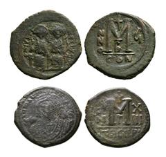 Coins - Byzantine Byzantine Coins - Justin II and Maurice Tiberius - Large M Folles [2]. 565-602 AD. Justin II and Sophia, 565-578 AD, follis, Constantinople mint, year 6. Obv: Justin and Sophia seate