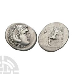 Coins - Greek Macedonia - Alexander III (the Great) - Countermarked AR Tetradrachm. 215-214 B.C. Posthumous issue, Phaselis, Lycia mint, dated year 4. Obv: head of Herakles right, wearing lionskin hea