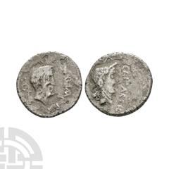 Coins - Roman Imperatorial Mark Antony - Julius Caesar AR Denarius. November 43 B.C. Cisalpine Gaul mint. Obv: M ANTON IMP R P C legend with NT in monogram and bare head of Mark Antony right; lituus b