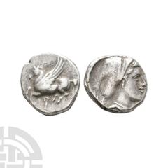 Coins - Greek Corinthia - Corinth - Pegasus AR Drachm. 400-388 B.C. Obv: Pegasus flying left, koppa below. Rev: head of Aphrodite right, wearing sakkos; monograms behind. BCD Corinth 174ff, SNG Copenh