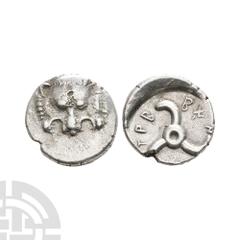 Coins - Greek Dynasts of Lycia - Pericles - Lion Scalp AR Tetrobol. 390-370 B.C. Obv: facing lion scalp. Rev: triskele. SNG von Aulock 4215-4218. 2.78 grams. Ex UK private collection. Good very fine.