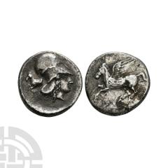 Coins - Greek Corinth - Pegasus AR Stater. 350 B.C. Obv: Pegasus flying left with pointed wings, koppa below. Rev: helmetted head of Athena right, forepart of horse left behind head. BMC 128; BCD Cori