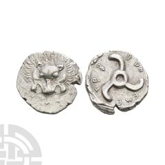 Coins - Greek Dynasts of Lycia - Pericles - Lion Scalp AR Tetrobol. 390-370 B.C. Obv: facing lion scalp. Rev: triskele. SNG von Aulock 4215-4218. 3.01 grams. Ex UK private collection. Very fine.