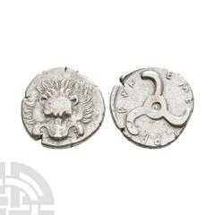 Coins - Greek Dynasts of Lycia - Pericles - Lion Scalp AR Tetrobol. 390-370 B.C. Obv: facing lion scalp. Rev: triskele. SNG von Aulock 4215-4218. 3.08 grams. Ex UK private collection. Near very fine.