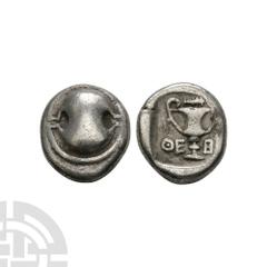 Coins - Greek Thebes - Boeotia - Shield AR Hemidrachm. 425-375 B.C. Obv: Boeotian shield. Rev: kantharos, with O - EB across fields; club above, within incuse square. BCD Boiotia 408; HGC 4, 1348. 2.5