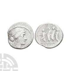 Coins - Roman Republican Q Servillius Caepio Brutus (M Junius Brutus) - Procession AR Denarius. 54 B.C. Rome mint. Obv: head of Libertas right with LIBERTAS behind. Rev: consul walking in procession l