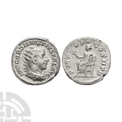 Coins - Roman Imperial Gordian III - Apollo AR Antoninianus. 242-243 A.D. Rome mint. Obv: IMP GORDIANVS PIVS FEL AVG legend with radiate and draped bust right. Re: P M TR P V COS II P P legend with Ap