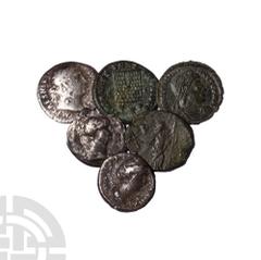 Coins - Roman Imperial Nerva to Valentian - Mixed Issues [6]. 1st-4th century A.D. Group comprising: denarii of Nerva and uncertain (2); with radiate antoninianus of Carausius (Pax) and late bronzes (
