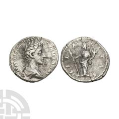Coins - Roman Imperial Commodus - Hilaritas AR Denarius. 175-176 A.D. Rome mint. Obv: COMMODO CAES AVG FIL GERM SARM legend with laureate and draped bust right. Rev: HILARITAS legend with Hilaritas st