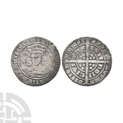 Coins - English Medieval Edward III - London - Pre Treaty Groat. 1352-1353 A.D. Pre Treaty, Series D. Obv: facing bust within tressure with +EDWARD D G REX ANGL Z FRANC D HYB legend. Rev: long cross a