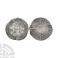Coins - English Medieval Edward III - London - Treaty Groat. 1363-1369 A.D. Treaty period. Obv: facing bust within tressure with EDWARD DEI G REX ANGL DNS HYB Z AQT legend. Rev: long cross and pellets