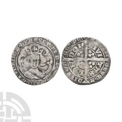 Coins - English Medieval Edward III - London - Pre Treaty Groat. 1356-1361 A.D. Pre Treaty, series Ga. Obv: facing bust within tressure with annulet below and EDWARD D G REX ANGL Z FRANC D HYB legend.