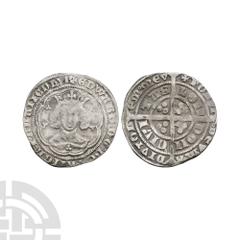 Coins - English Medieval Edward III - London - Pre Treaty Groat. 1354-1355 A.D. Pre Treaty, Series E. Obv: facing bust within tressure with +EDWARD D G REX ANGL Z FRANC D HYB legend. Rev: long cross a