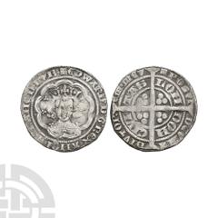 Coins - English Medieval Edward III - London - Pre Treaty Groat. 1351-1352 A.D. Pre Treaty, Series C. Obv: facing bust within tressure with +EDWARD D G REX ANGL Z FRANC D HYB legend. Rev: long cross a
