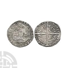 Coins - English Medieval Edward III - London - Pre Treaty Groat. 1356 A.D. Series F. Obv: facing bust within tressure with EDWARD D G REX ANGL Z FRANC D HYB legend with 'crown' mintmark. Rev: long cro