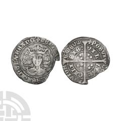 Coins - English Medieval Henry VI - Calais - Annulets Groat. 1422-1430 A.D. Annulets issue. Obv: facing bust with annulet each side of neck and no fleur on breast within tressure with +HENRIC DI GRA R